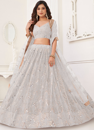 Reception Real Real Mirror Work White Net Lehenga Choli With Dupatta